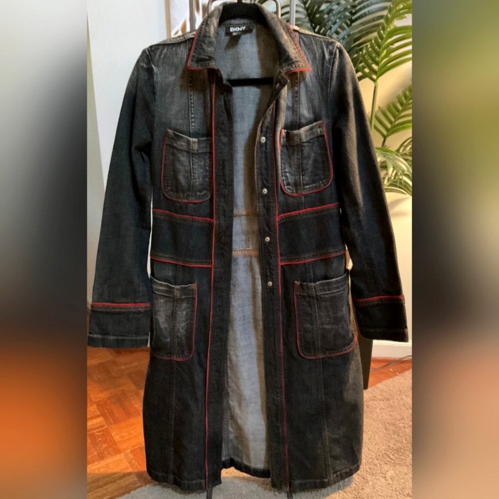 DKNY Vintage, Rare Beautiful Distressed Full Length Denim Coat - Picture 4 of 10